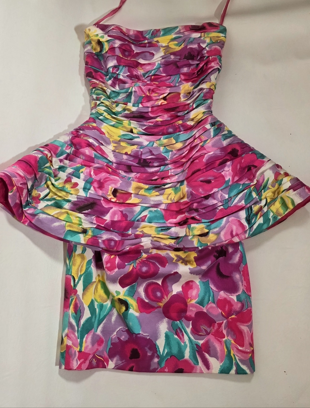 Victor Costa - 1980s Hot Pink Lined Peplum Floral Evening Dress
